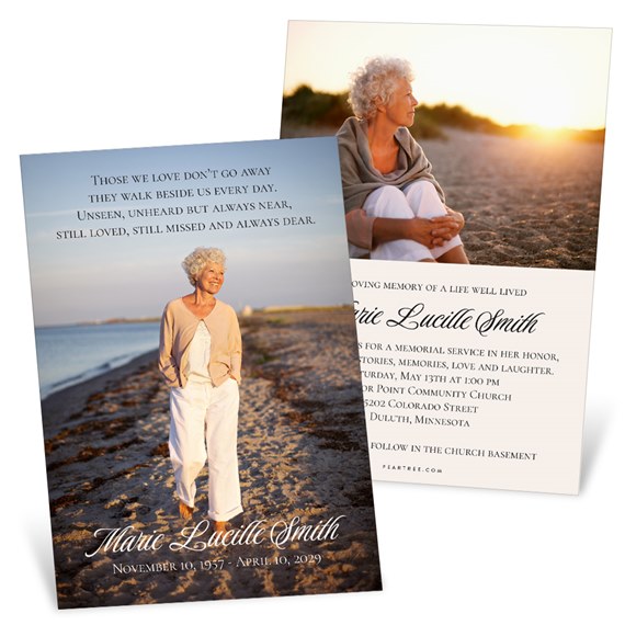 two memorial cards with beach scene and service details