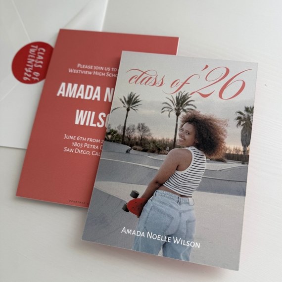 graduation invitation with photo placeholder and red envelope