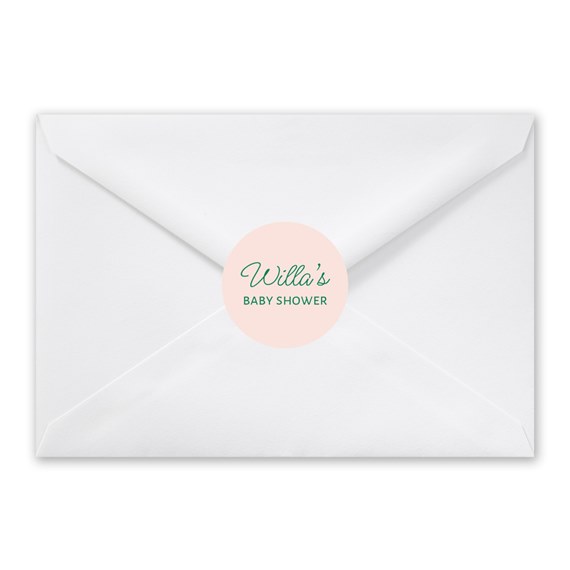 white envelope with pink and green sticker, customizable text area
