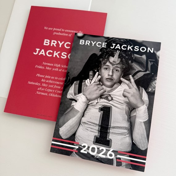 graduation invitation with photo placeholder and red stripes