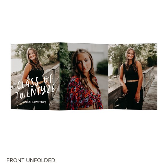 tri-fold graduation announcement with photo areas and text