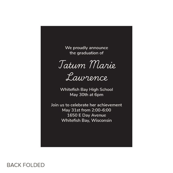 black graduation announcement with white text and customizable area