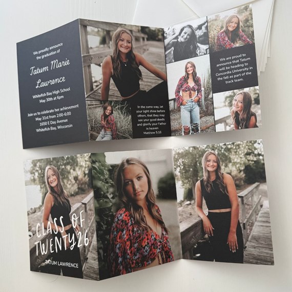 graduation announcement card with photo placeholders and decorative text