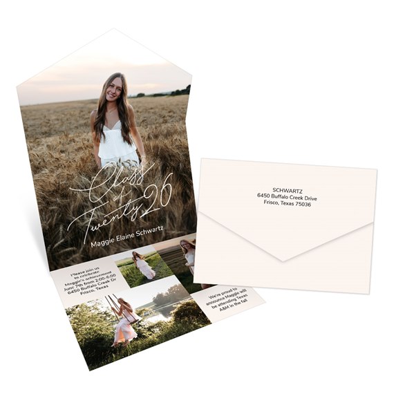 graduation announcement with photo placeholders and envelope
