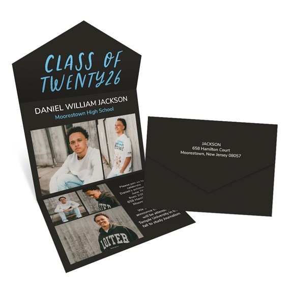graduation invitation with photo placeholders and black envelope