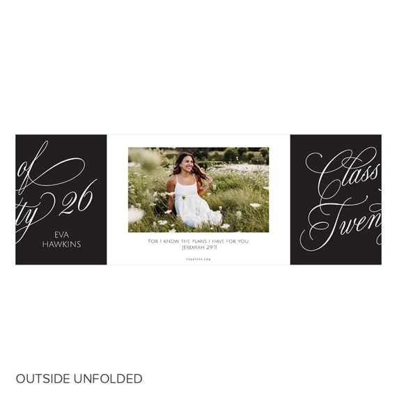 graduation announcement with photo placeholder and flowing calligraphy