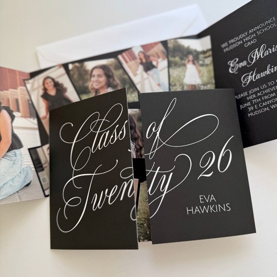 graduation announcement with calligraphy and photo placeholders