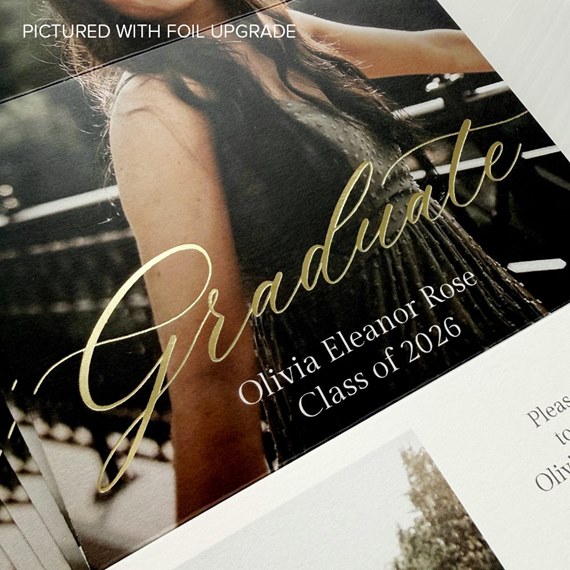 graduation announcement with photo placeholder and gold foil text