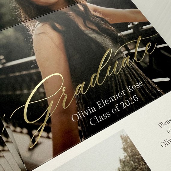 graduation announcement with photo placeholder and gold script text
