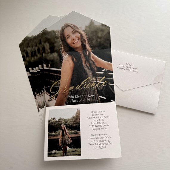 graduation announcement with photo placeholder and envelope