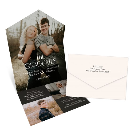 graduation announcement with photo collage and envelope