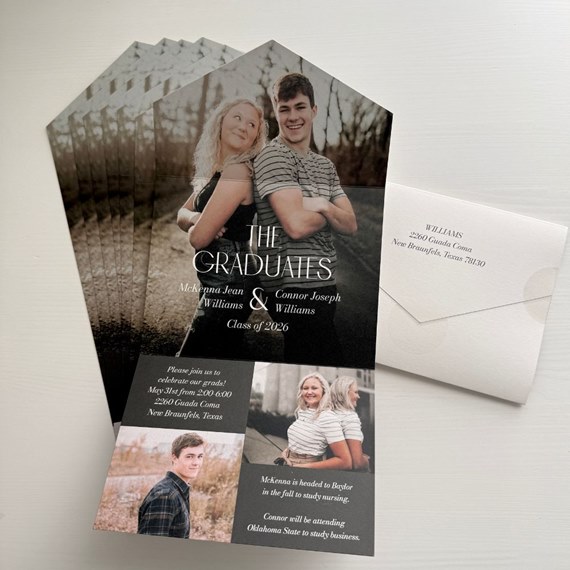 graduation announcement with photo area and black background