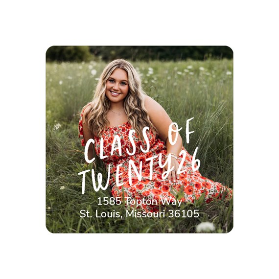 address label with customizable text area and photo placeholder