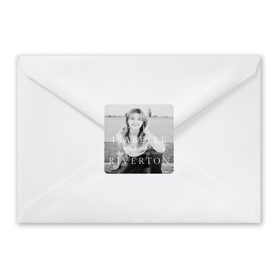 white envelope with photo placeholder and printed address