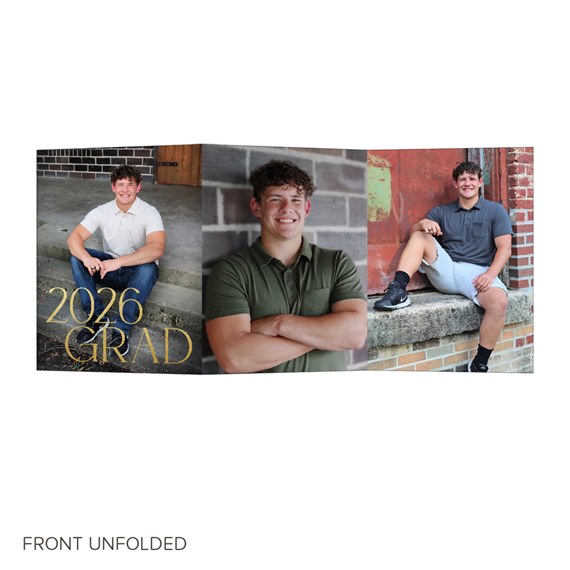 graduation party invitation with photo placeholders and gold text