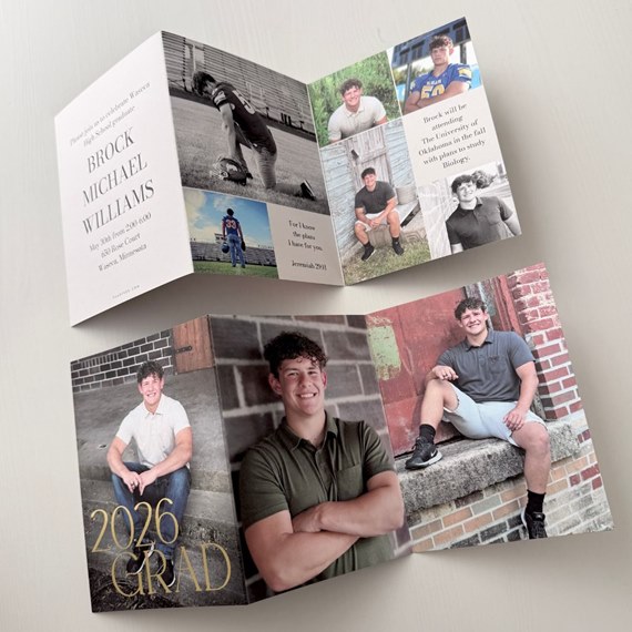 graduation invitation with photo placeholders and gold text