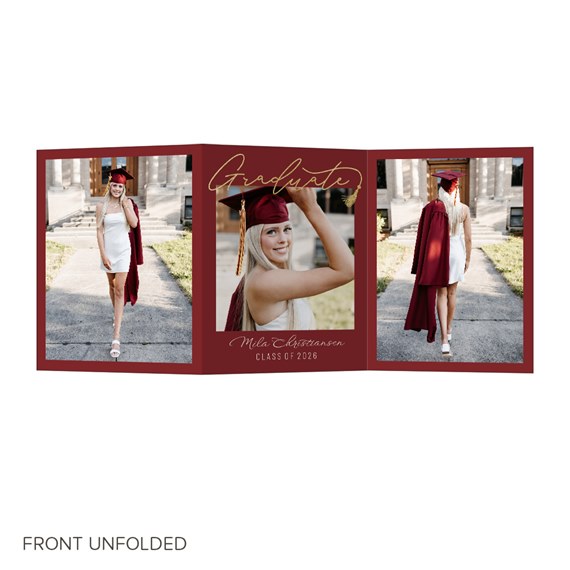 tri-fold graduation announcement with photo areas and gold text