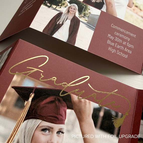 graduation announcement with photo area, gold foil text