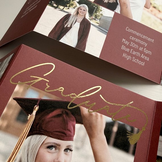 graduation announcement with photo placeholder and gold foil text