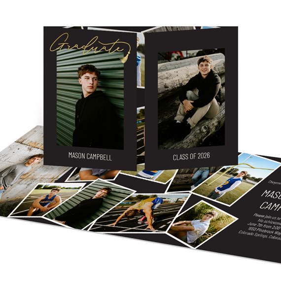 black graduation invitation with photo placeholders, gold text, customizable text area