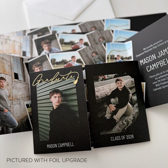 black graduation invitation with photo area and gold accents