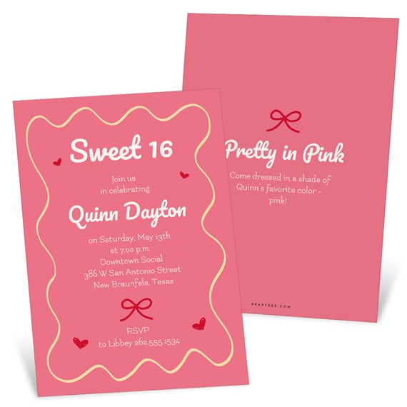 pink birthday invitation with decorative border and photo area