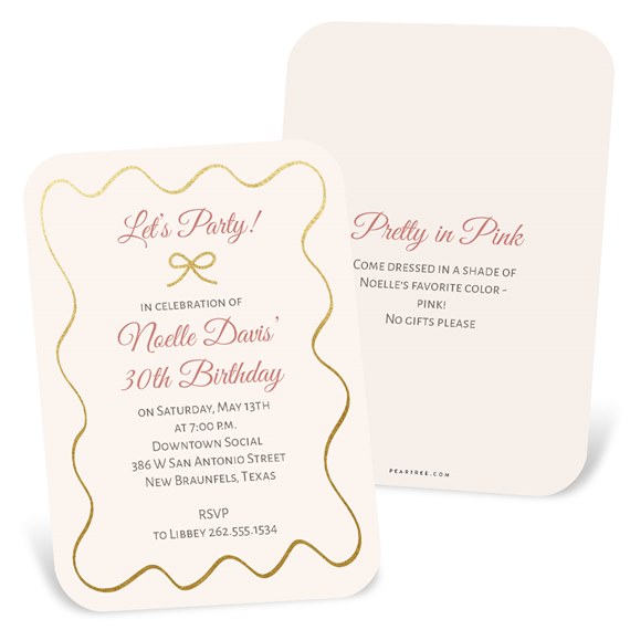 birthday party invitation with scalloped edges, pink and gold design