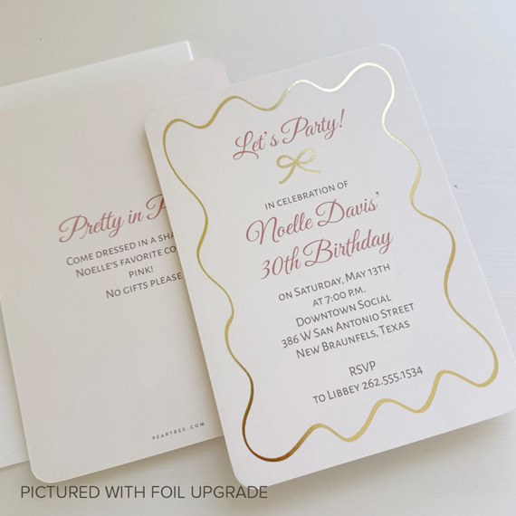 birthday invitation with gold foil accents and wavy edge design