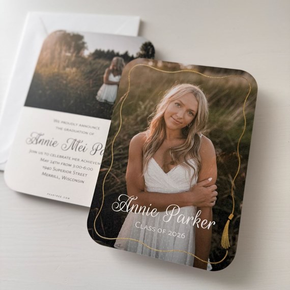 graduation announcement with photo placeholder and gold accents