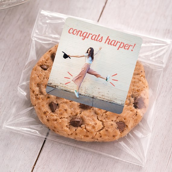 cookie with photo placeholder and congratulatory text sticker