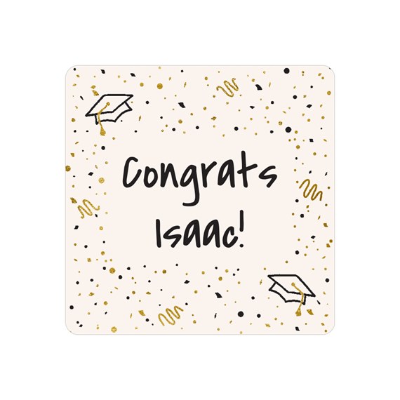 square sticker with graduation theme, confetti, and customizable text area