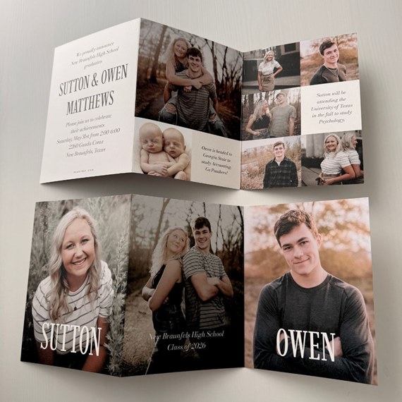 graduation invitation with photo placeholders for Sutton and Owen