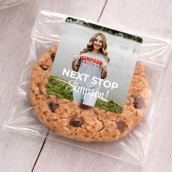 cookie with sticker featuring photo area and text
