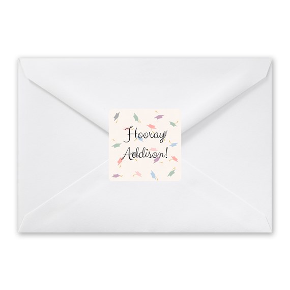 graduation envelope seal with colorful caps and customizable text area