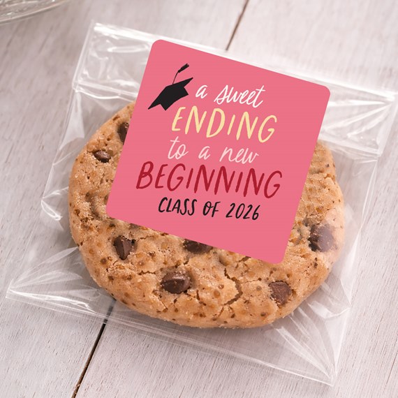 pink graduation sticker with text and graduation cap illustration