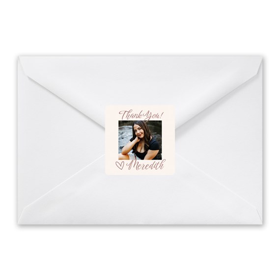 white envelope with thank you sticker and photo area
