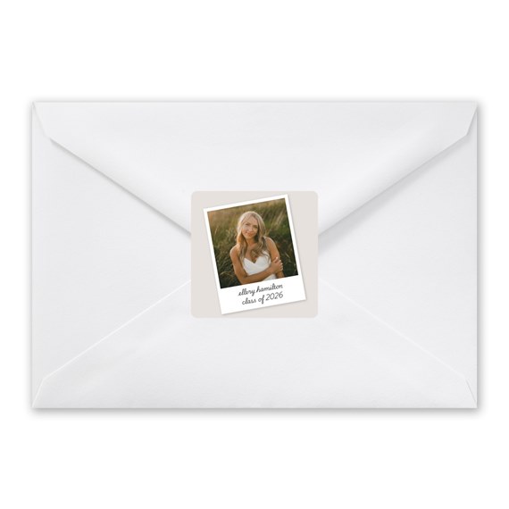 white envelope with photo placeholder and customizable text area