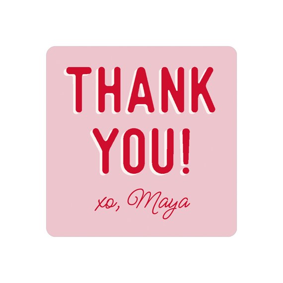 square thank you sticker with red text on pink background