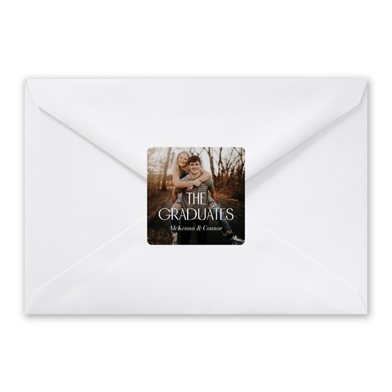 white envelope with photo placeholder and text seal