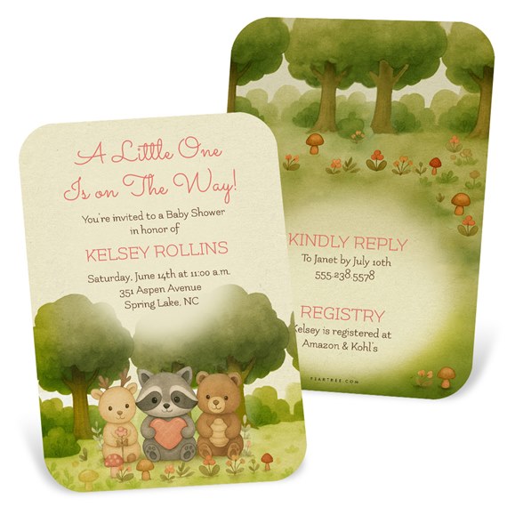 whimsical woodland baby shower invitation with animal illustrations