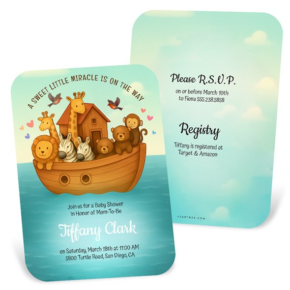 baby shower invitation with animal illustrations and RSVP details