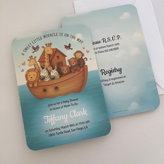 baby shower invitation with animal illustration and event details