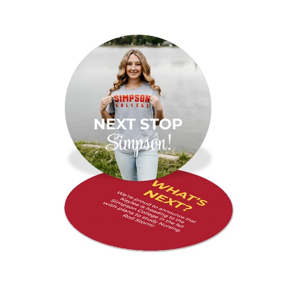 circular insert card with photo area and text