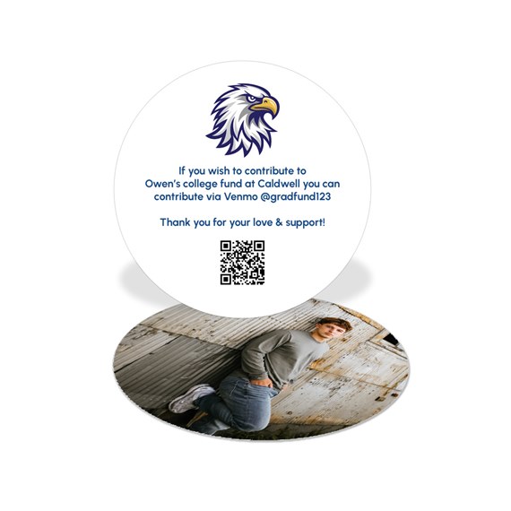 circular card with eagle logo and photo area
