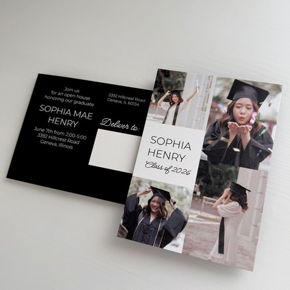 graduation announcement postcard with photo collage and customizable text area