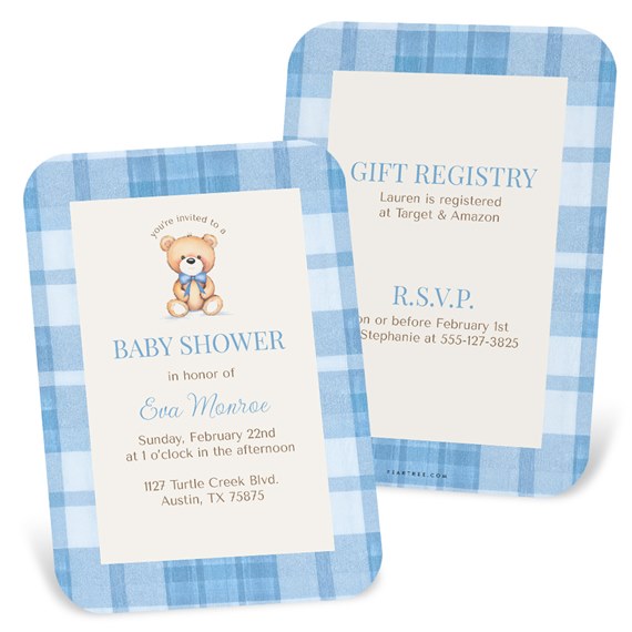 baby shower invitations with bear illustration and plaid border