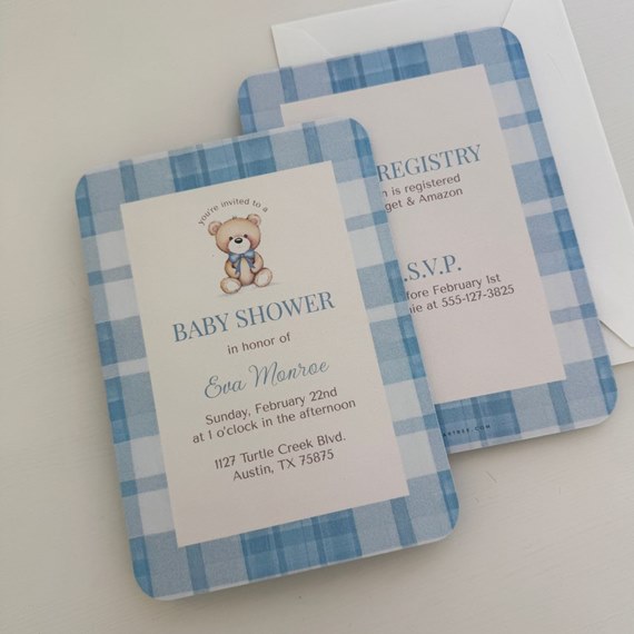 baby shower invitations with teddy bear and plaid design