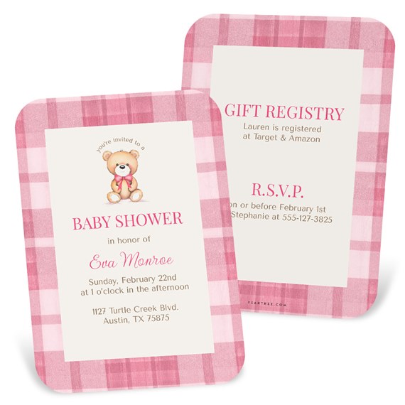 baby shower invitation with teddy bear and pink plaid design