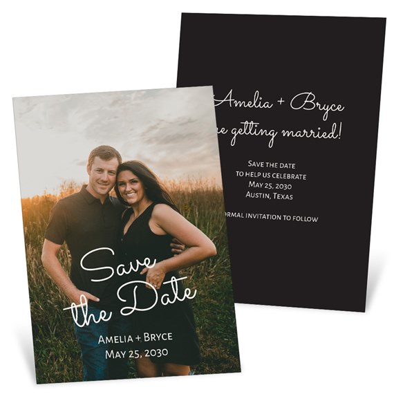 photo placeholder with couple, black back with white text