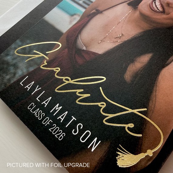 graduation invitation with gold foil accents and photo placeholder